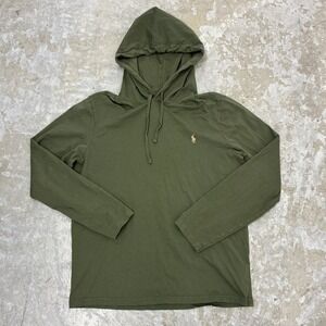 Polo Ralph Lauren T-Shirt Mens Medium Olive Green Hooded Jersey Long Sleeve Pony